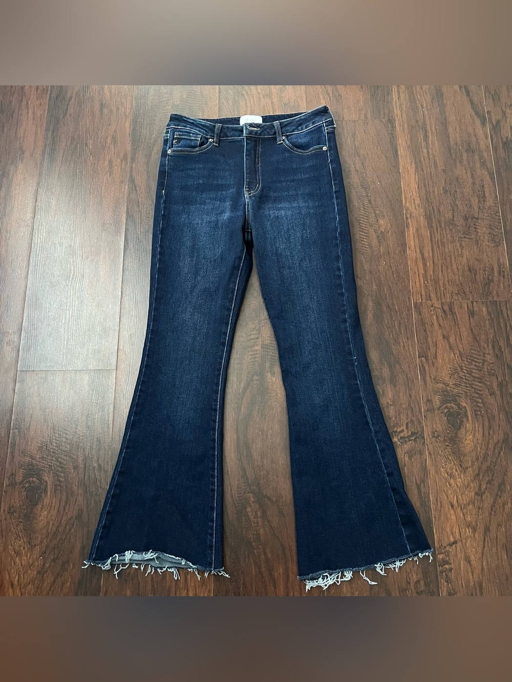 KanCan Roxanne High Rise Flare Jeans Dark Wash Raw Frayed Hem 11/29
